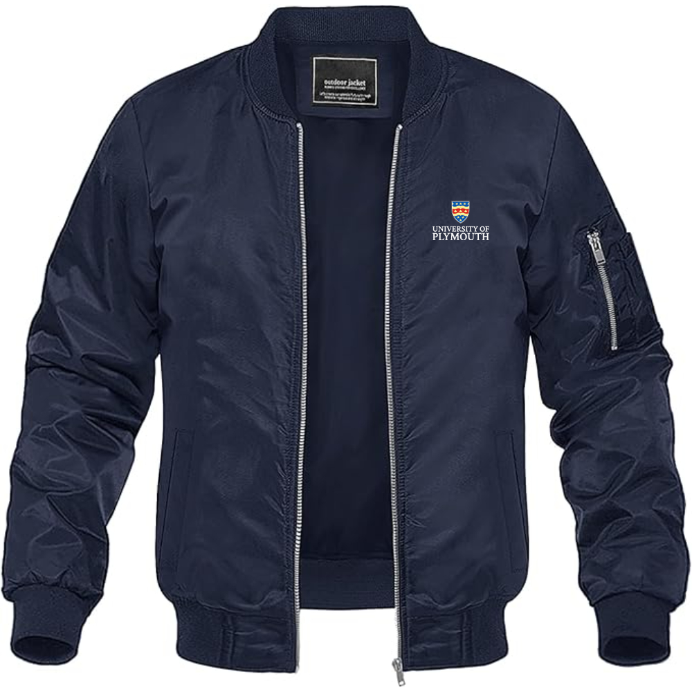 Men's University of Plymouth Logo Lightweight Bomber Jacket Windbreaker Softshell Varsity Jacket Coat