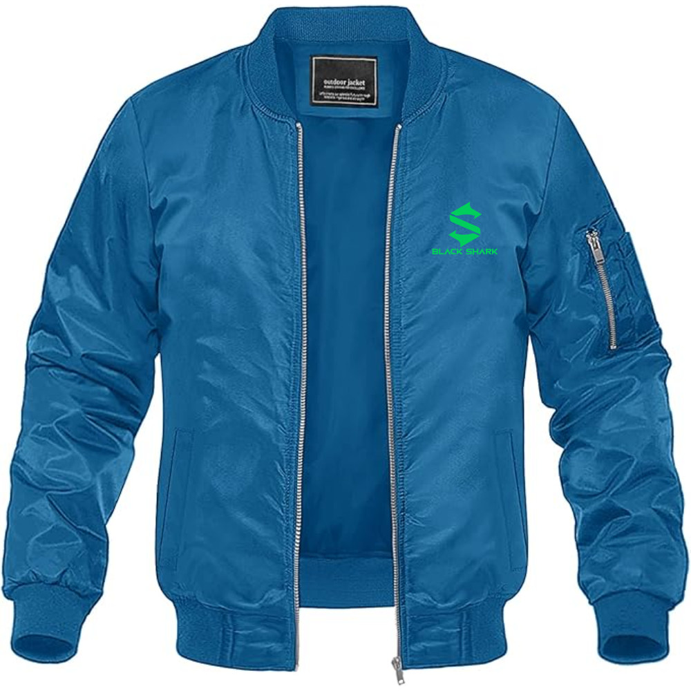 Men's Black Shark Logo Lightweight Bomber Jacket Windbreaker Softshell Varsity Jacket Coat