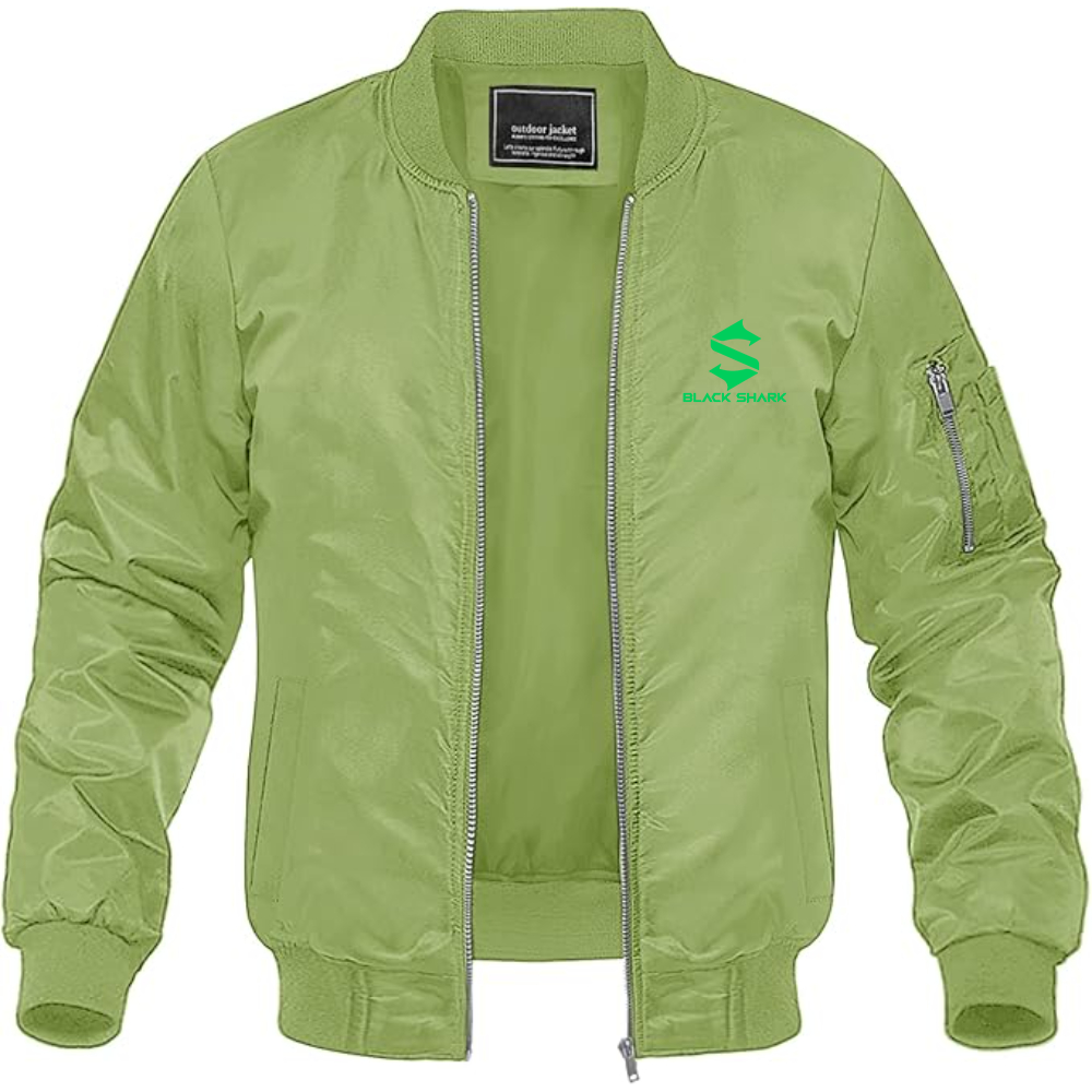Men's Black Shark Logo Lightweight Bomber Jacket Windbreaker Softshell Varsity Jacket Coat
