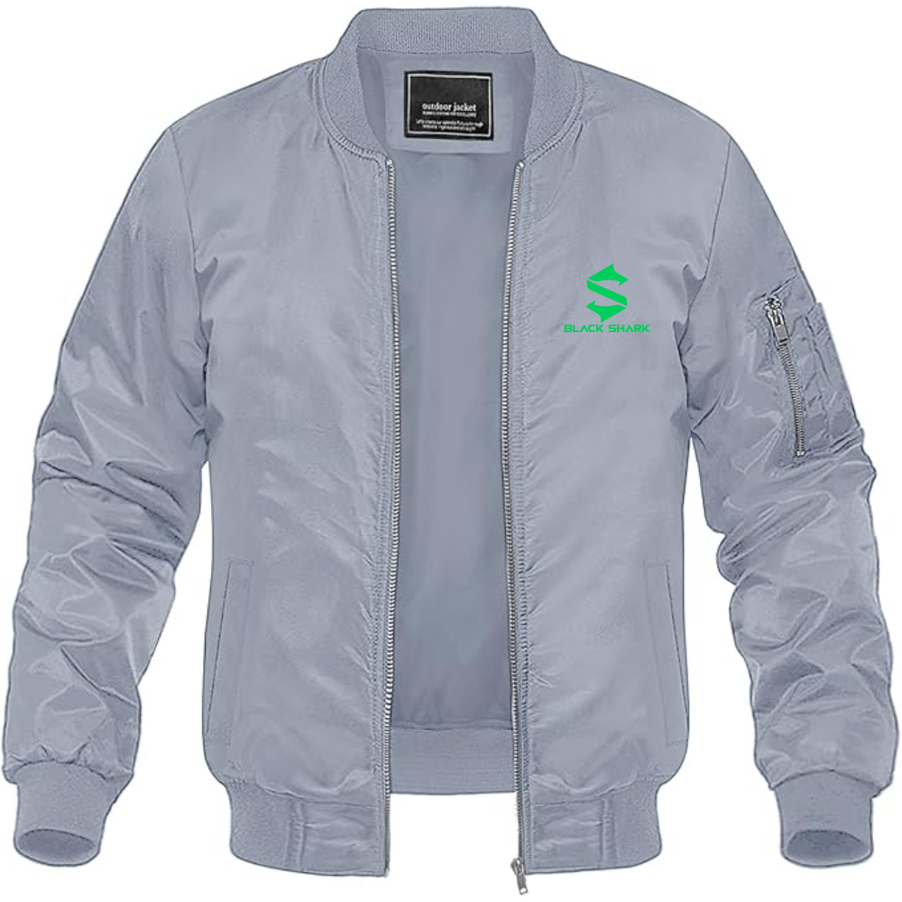 Men's Black Shark Logo Lightweight Bomber Jacket Windbreaker Softshell Varsity Jacket Coat