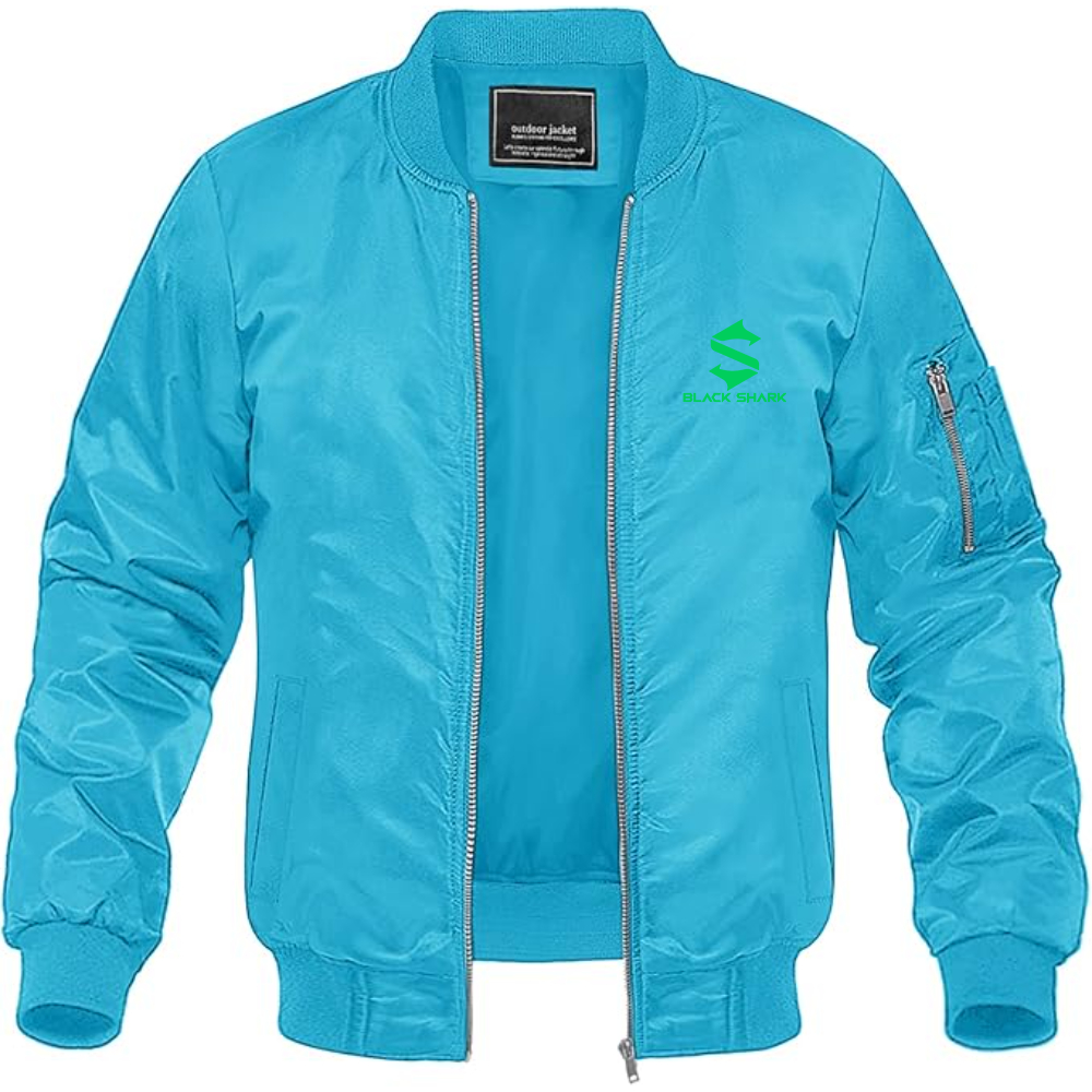Men's Black Shark Logo Lightweight Bomber Jacket Windbreaker Softshell Varsity Jacket Coat