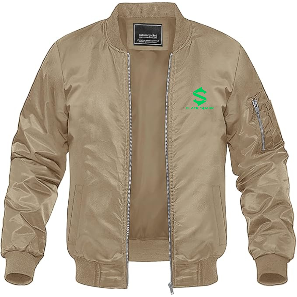 Men's Black Shark Logo Lightweight Bomber Jacket Windbreaker Softshell Varsity Jacket Coat