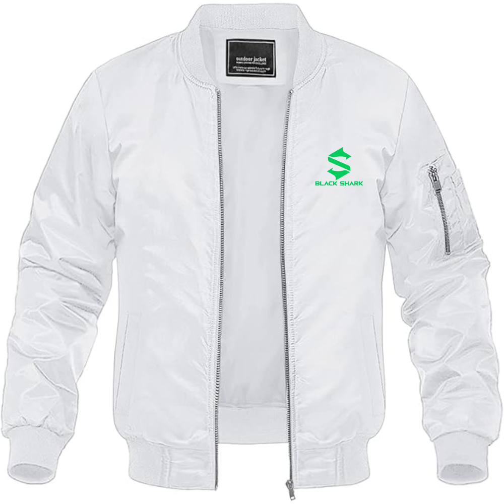 Men's Black Shark Logo Lightweight Bomber Jacket Windbreaker Softshell Varsity Jacket Coat
