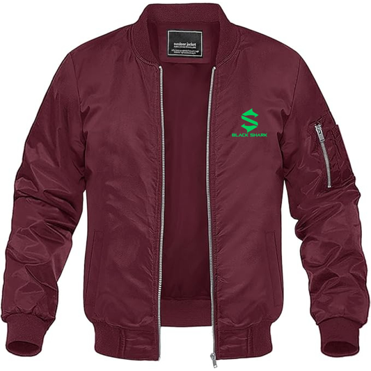 Men's Black Shark Logo Lightweight Bomber Jacket Windbreaker Softshell Varsity Jacket Coat